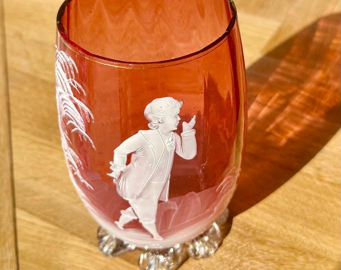 Bohemian Ruby Flashed Glass Vase with Enamel Figure – Victorian Style Footed Vase, Hand Decorated