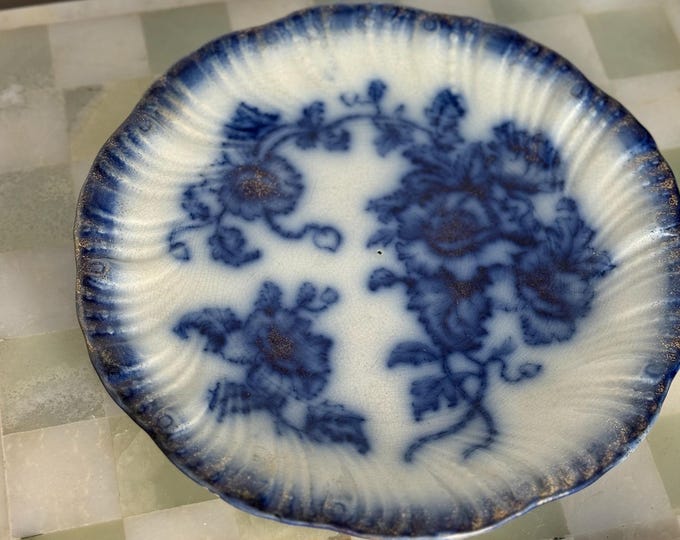 Antique Clayton & Co. Flow Blue Plate – Floral Pattern with Gilded Rim – England c.1890–1910