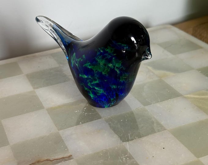 Wedgwood Art Glass Bird – Blue & Green Speckled – Signed, Labelled Vintage Sculpture