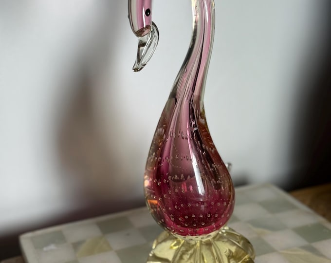 Murano Art Glass Swan Sculpture: Sommerso Pink & Amber, Mid-Century Italian Decor