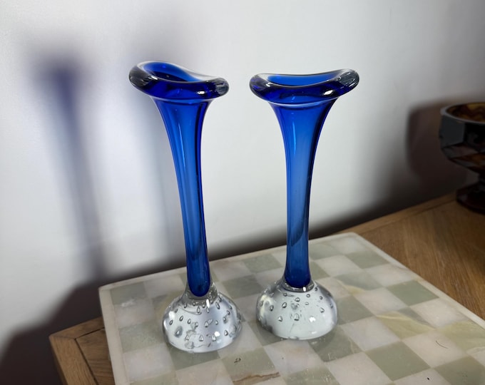 Vintage Cobalt Blue Art Glass Bud Vases: Scandinavian Mid-Century Modern Decor