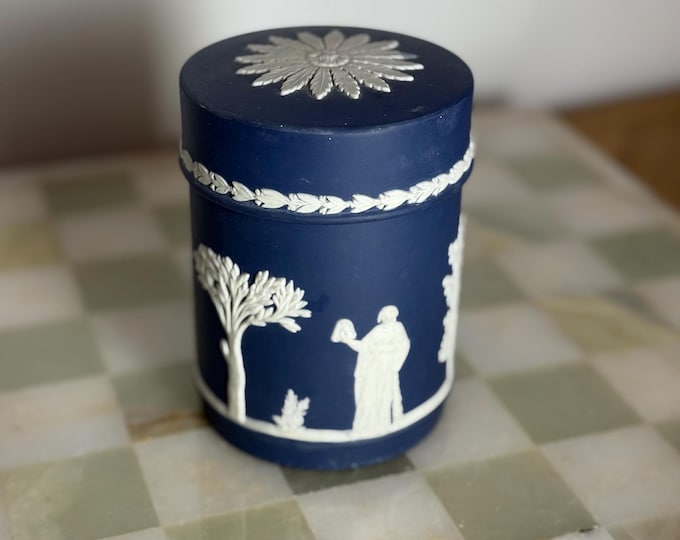 1974 Wedgwood Blue Jasperware Lidded Jar: Classical Relief, Floral Lid