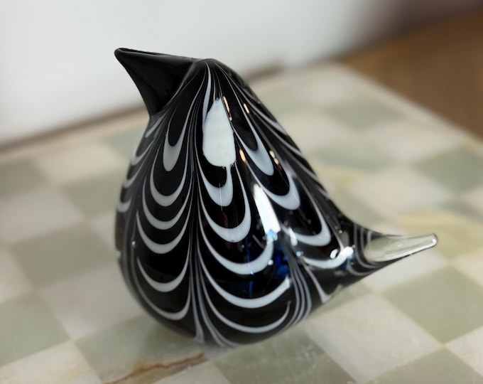 Hand Blown Art Glass Bird: Black & White Pulled Feather Murano Style