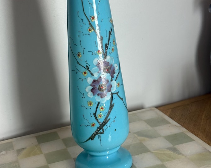 Antique Bristol Blue Glass Vase – Hand Painted Enamel Floral Design, Victorian Bohemian Style, 21.5cm