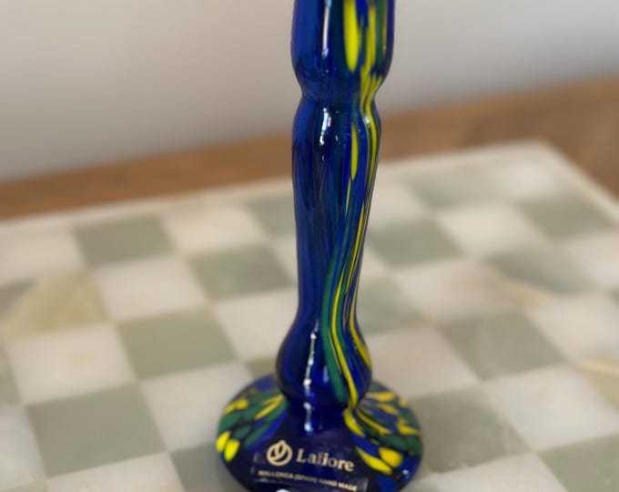 LaFiore Mallorca Art Glass Candlestick: Blue, Green & Yellow Hand Blown Spanish Glass