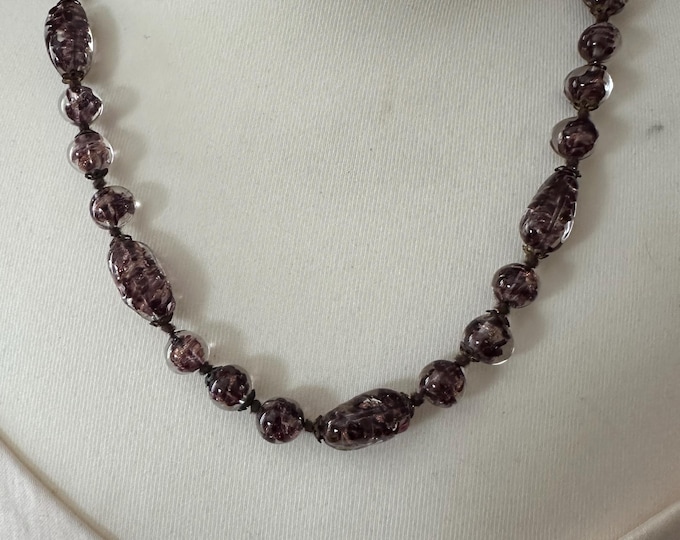 Vintage Purple Murano-Style Foil Glass Bead Necklace – Barrel Clasp – Unique Handcrafted Look