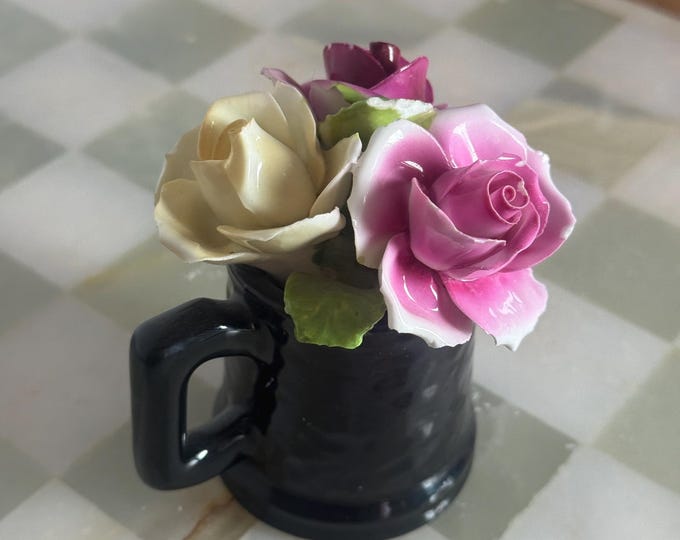 Vintage Porcelain Floral Posy in Black Tankard: English Cottagecore Decor