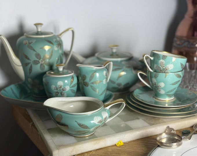 Vintage A.F. Kahla Porcelain Tea Set Aqua & Gold Floral 21 Piece Set East German