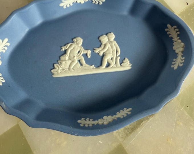 Vintage Wedgwood Blue Jasperware Pin Dish – Oval Scalloped Trinket Tray – 1963 Made in England