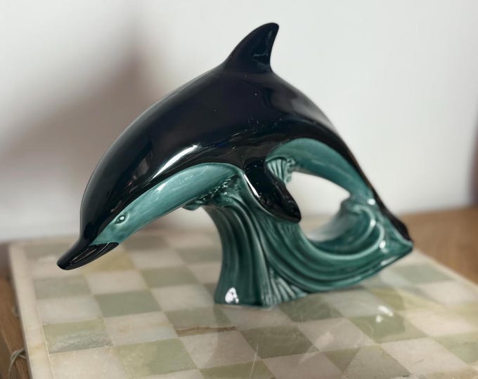 Vintage Poole Pottery Dolphin Figurine Black & Turquoise Glaze Coastal Nautical