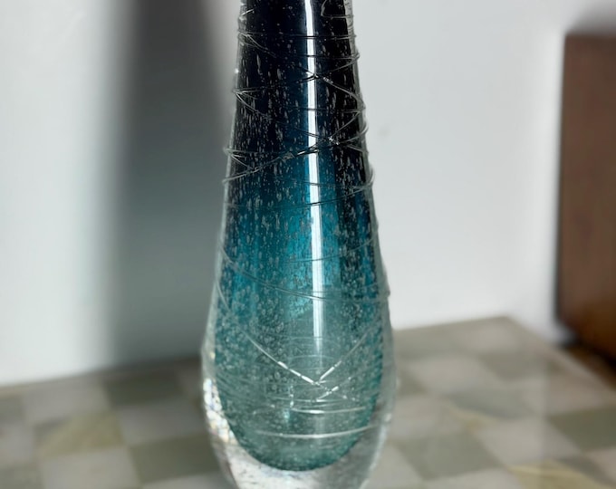 Signed Blue Gradient Art Glass Vase with Bubbles c1980s