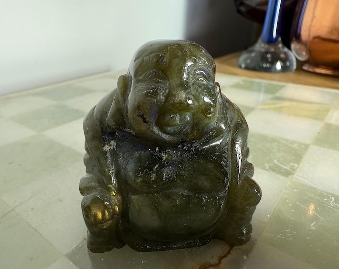 Hand-Carved Labradorite Buddha Figurine: Pocket Healing Stone