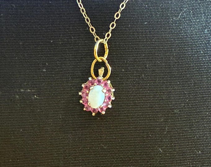 Vintage Opal Ruby Pendant Necklace 9ct Gold wt Chain 60-70s Retro - read details