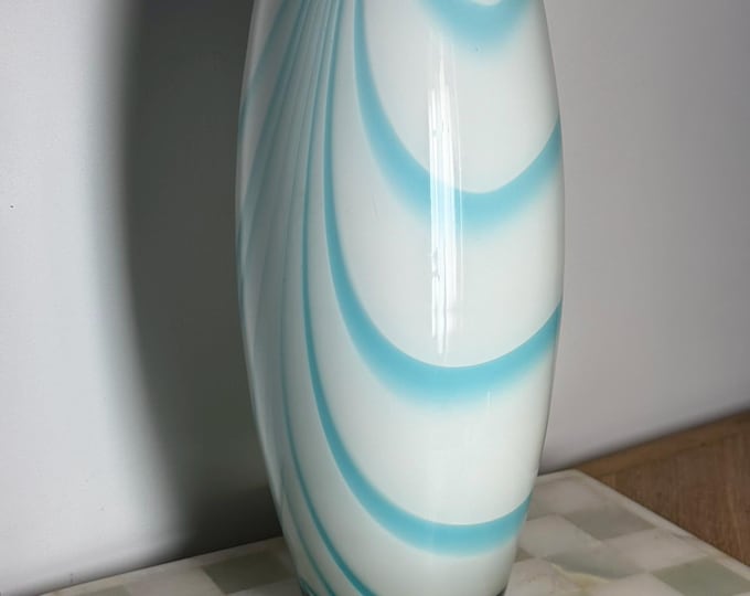 Large Aqua  White Swirl Handblown Glass Vase 13 Mid-Century Art Piece
