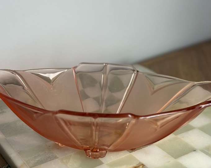 Vintage Pink Depression Glass Bowl – Geometric Footed Dish, 1930s Style