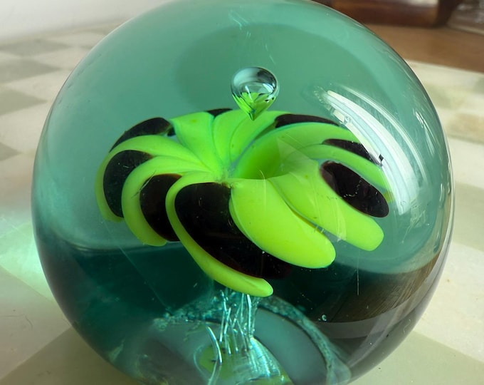 Large Teal & Lime Flower Glass Paperweight — Studio Art Glass Orb