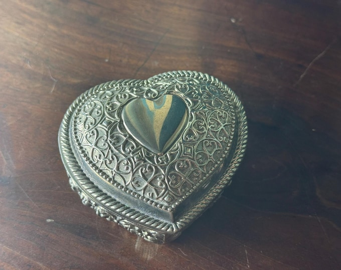 Ornate Heart-Shaped Trinket Box - Vintage Cast Metal with Blue Lined Interior - Perfect for Dressing Table