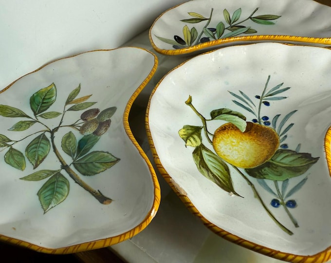 Italian Hand-Painted Kidney Dishes Set of 3  Lemon Olives  Acorns Decor