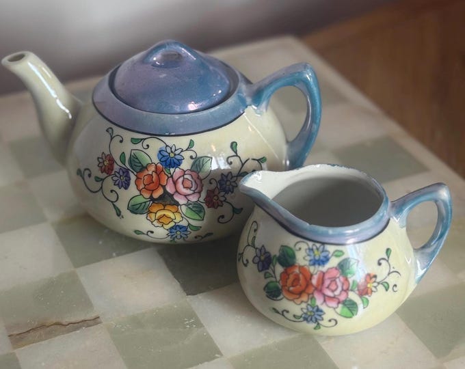 Vintage Japanese Teapot & Creamer Set: Iridescent Floral Ceramic, Mid-Century