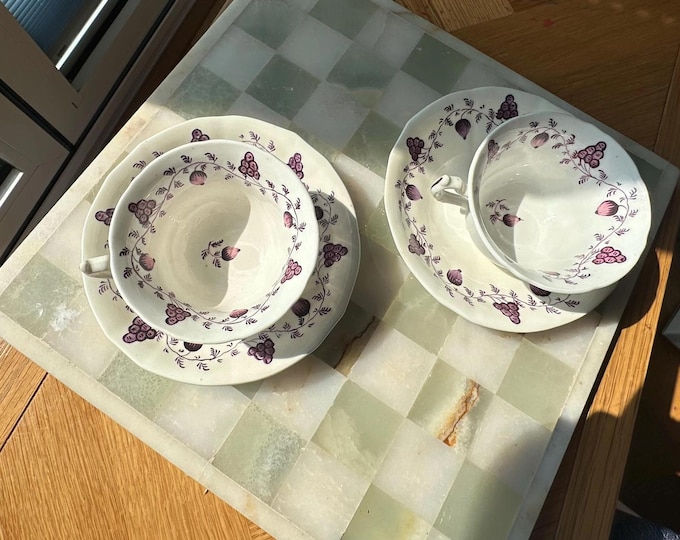 Vintage Hand-Painted Cups & Saucers Set – Purple Grapevine Motif, 20th Century