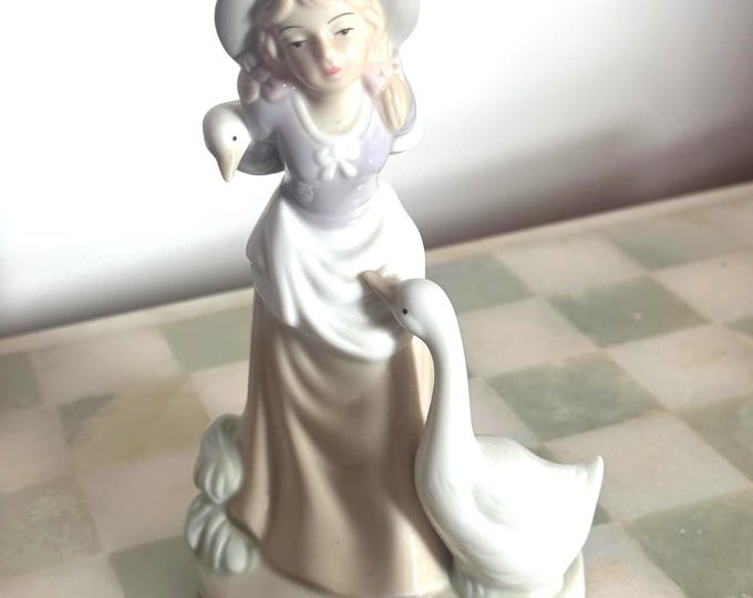 Vintage Porcelain Girl with Geese Figurine: Pastel Cottagecore Decor