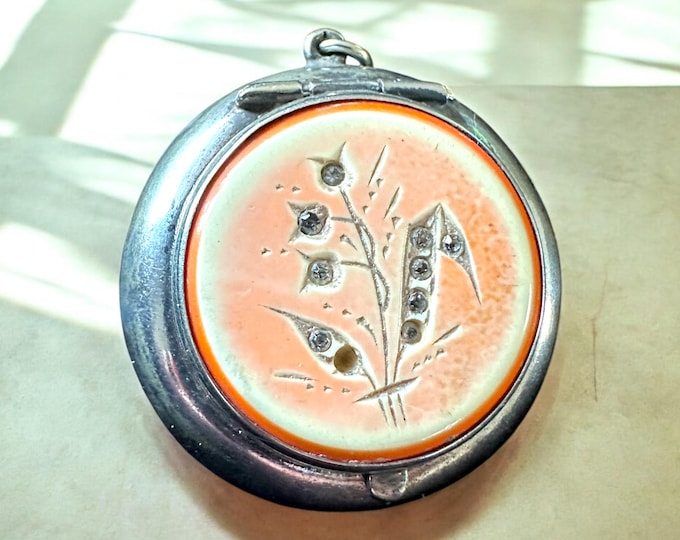 Vintage EPNS Powder Compact with Floral Inlay | Rhinestone Flower Pendant Compact | Art Deco Era Vanity Accessory