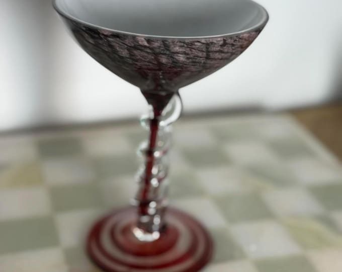 Vintage Murano Style Art Glass Goblet Red & Black Mottled Bowl Clear Spiral Stem