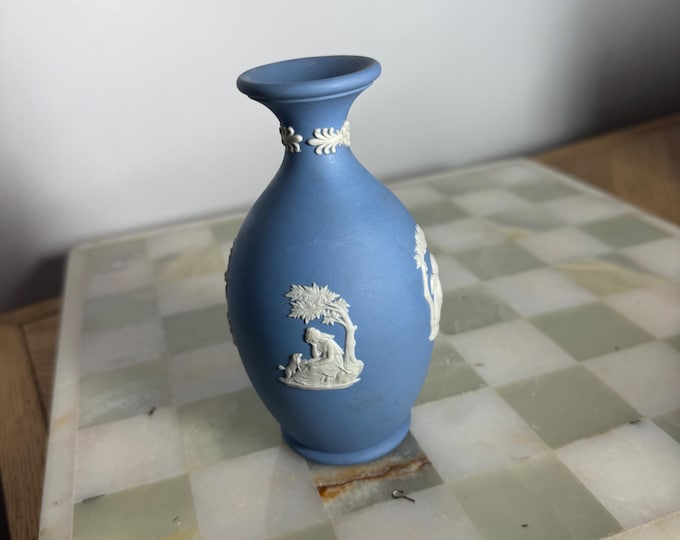 Wedgwood Blue Jasperware Bud Vase – Classical Relief – Made in England – Neoclassical Miniature Vase