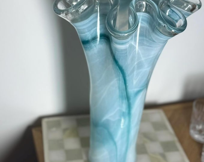 Tall Vintage Murano Art Glass Vase – Ruffled Rim, Blue & White Swirl, Hand Blown