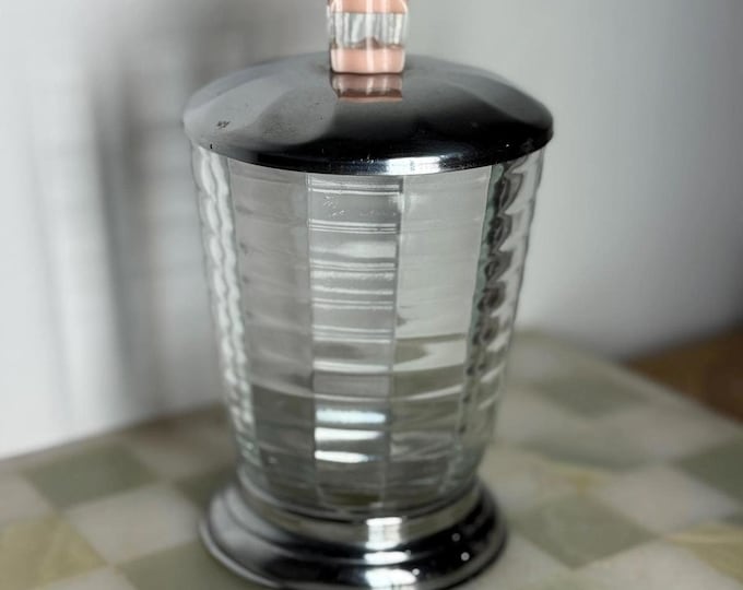 Vintage Art Deco Glass Ice Bucket with Chrome Lid  Pink Lucite Handle