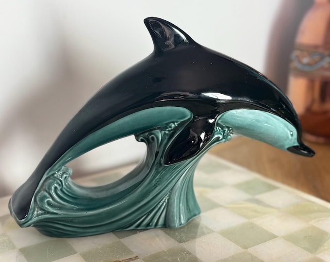 Poole Pottery Dolphin Figurine — Black & Teal Glaze, Leaping Over Wave