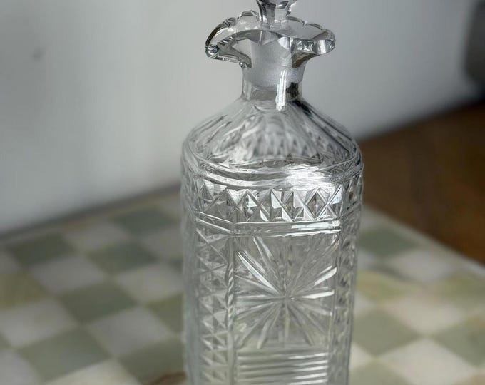 Vintage Cut Glass Decanter with Faceted Stopper  Elegant Home Bar Decor