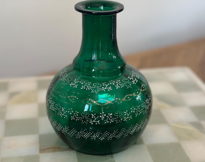 Antique Green Glass Vase: Hand Painted Enamel Flowers & Gold, 6"