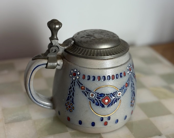 Antique German Beer Stein | Westerwald Salt Glaze Stoneware | Pewter Lid | Art Nouveau 2285 Mark