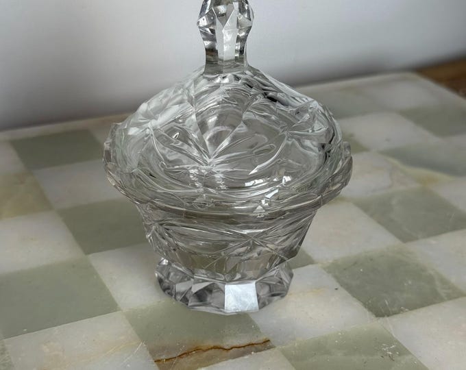 Vintage Cut Crystal Lidded Trinket Jar – Small Candy or Powder Dish (Rim Chips)