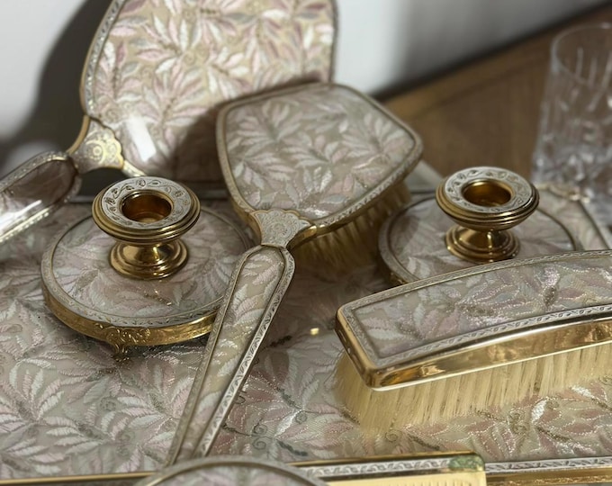 Vintage Embroidered Floral Dressing Table Set – Gold & Ivory