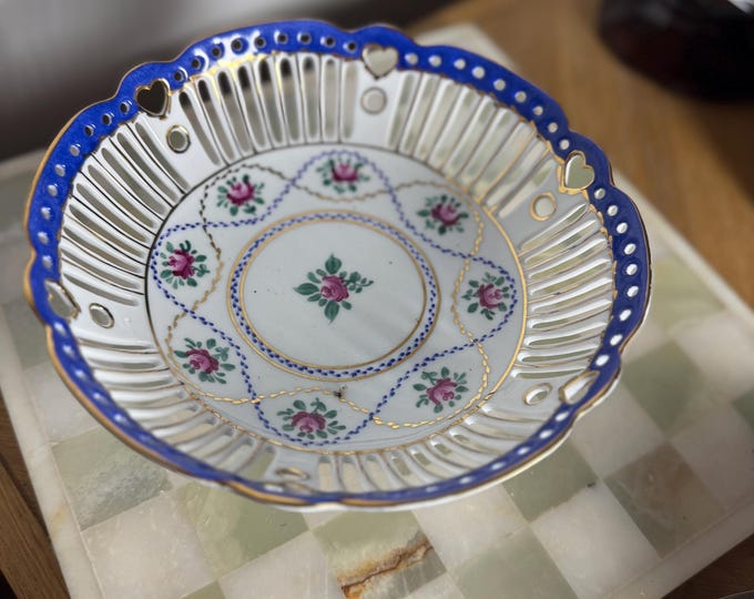 Vintage Past Times Porcelain Bowl: Reticulated Heart Rim, Blue Floral