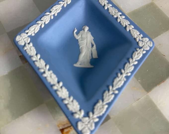 Vintage Wedgwood Blue Jasperware Dish: Classical Lady & Oak Leaf Border, Made in England