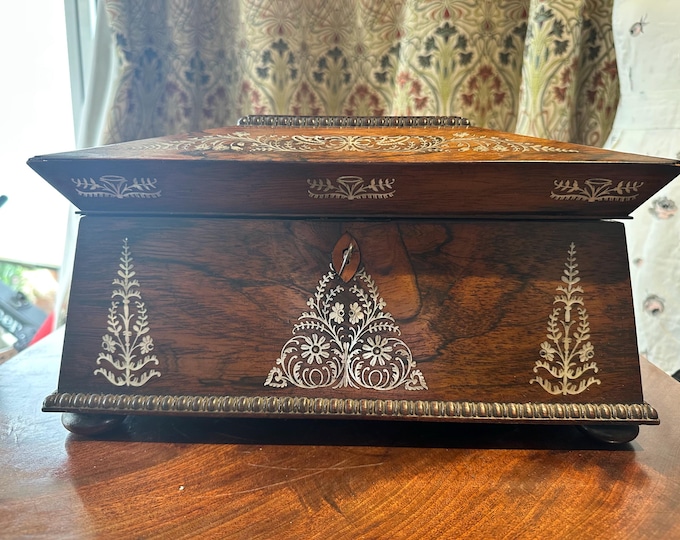 Antique Victorian Sarcophagus Tea Caddy Box – Floral Inlay, Glass Mixing Bowl, Tin-Lined Compartments