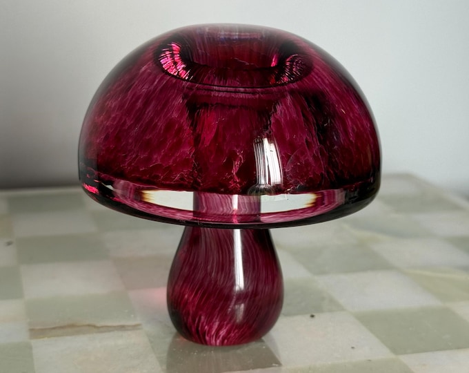Cranberry Art Glass Mushroom Paperweight – Handblown Studio Glass Sculpture, Murano Style
