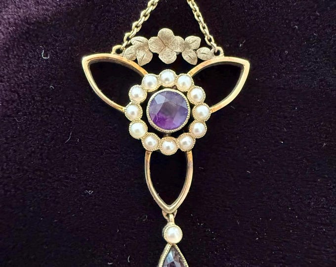 Antique Art Nouveau 15ct Gold Amethyst Seed Pearl Pendant Necklace c.1905
