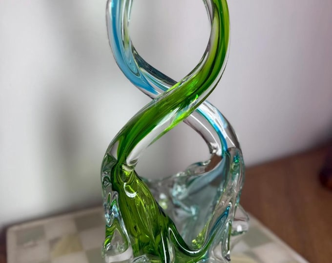 Vintage Murano Style Green & Blue Art Glass Sculpture Twisted Infinity Loop