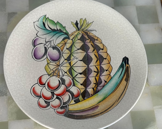 Vintage Crown Devon Fruit Plate – Mid-Century Crackle Glaze, Pineapple & Banana, Made in England