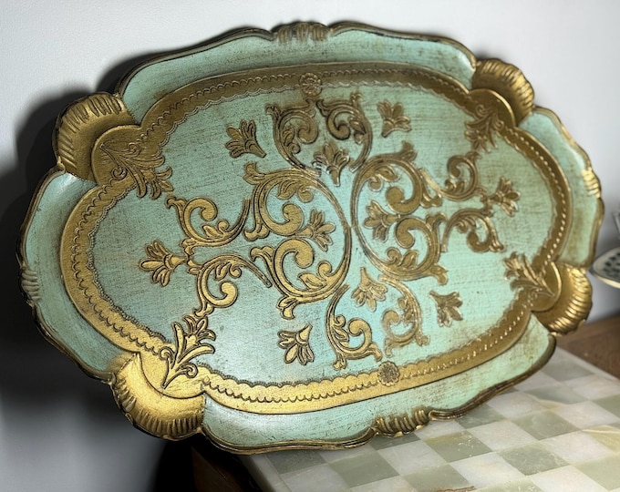 Vintage Italian Aqua  Gold Toleware Tray  Hand Painted Florentine Design