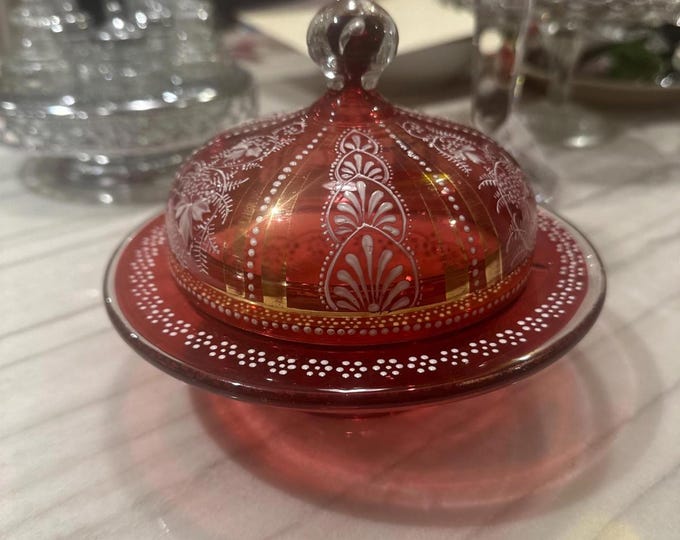 Antique Victorian Cranberry Glass Bon Bon Dish - Hand Painted Enamel Palmette