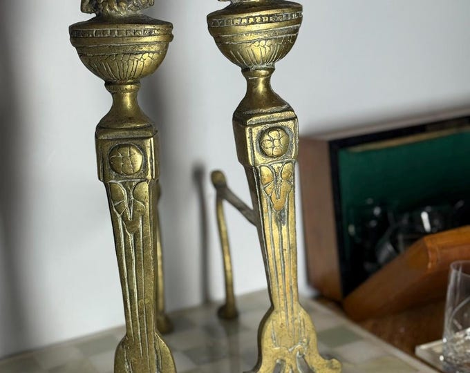 Vintage Brass Andirons  Classical Urn Design c1930s Fire Dogs