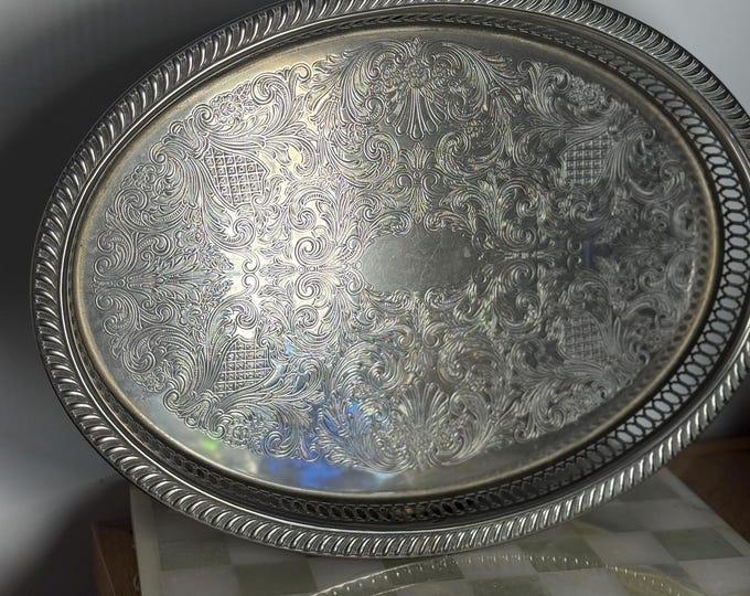 Vintage Silver-Plated Gallery Tray: Rococo Floral Barware, EPNS, Mid-Century