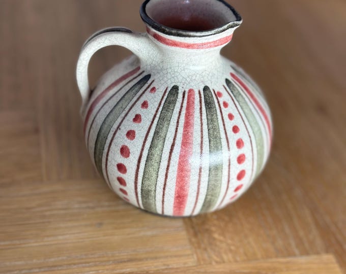 Mid-Century Studio Pottery Jug: Hand-Painted Crackle Glaze, Signed WM