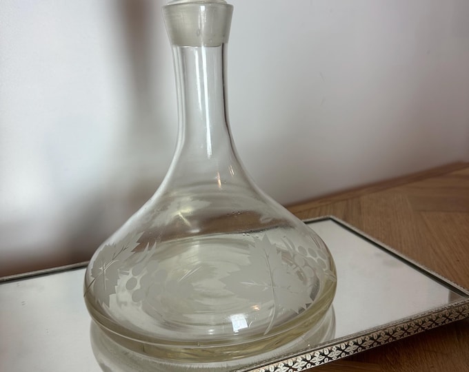 Vintage Etched Glass Decanter with Stopper | Grapevine Design | Mid-Century Barware