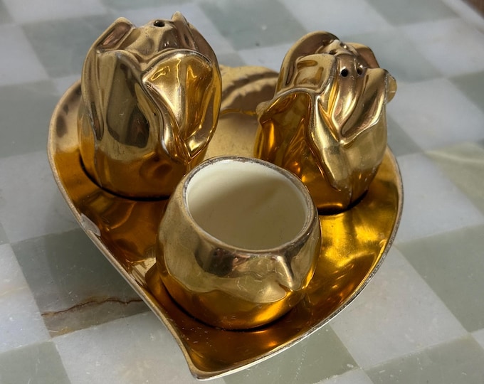 Royal Winton Gold Rosebud Condiment Set | Salt Pepper Mustard on Leaf Tray | Vintage Gilded Lustreware